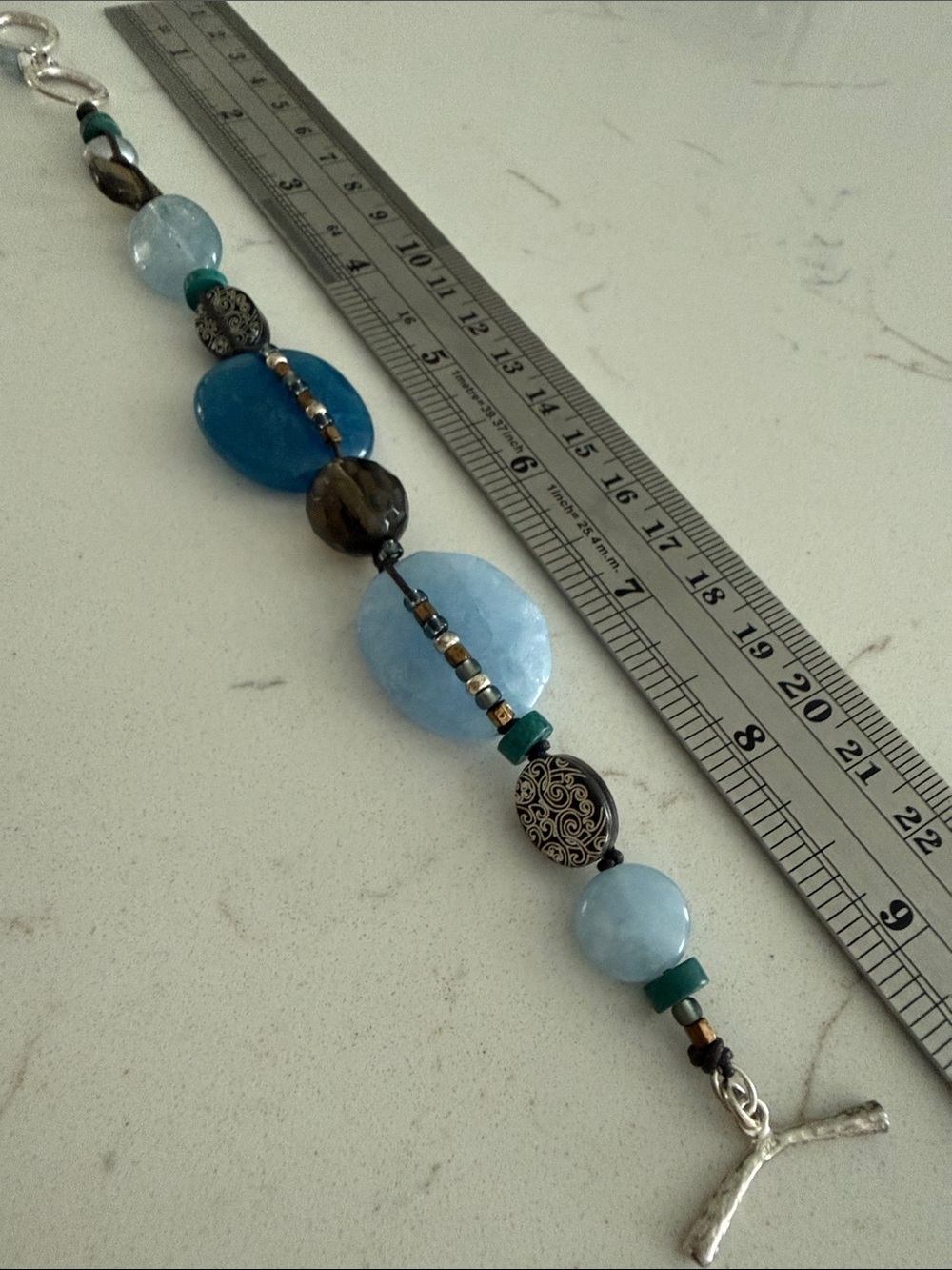 Sterling Silver, Etched Shell, Pearl, Quartz, Magnesite and Glass Bracelet B2240 - Picture 9 of 10